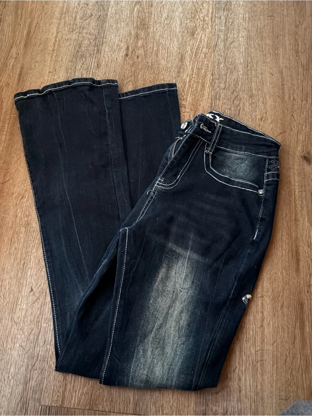 Sky Black Washed Flare Jeans with Faded Detail - Picture 1 of 5
